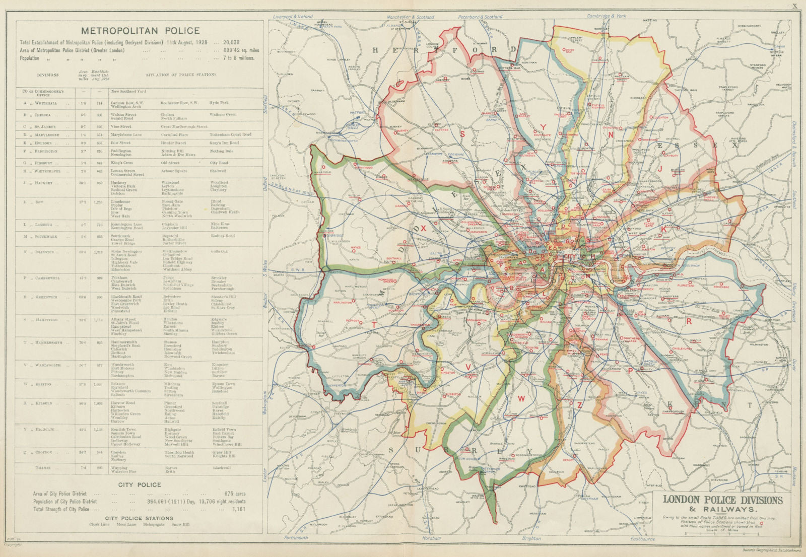 LONDON METROPOLITAN POLICE DIVISIONS & RAILWAYS. Police stations. BACON 1934 map